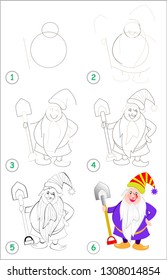 Page shows how to learn step by step to draw cute gnome. Developing children skills for drawing and coloring. Back to school. Printable worksheet. Vector cartoon image.