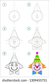 Page shows how to learn step by step to draw cute head of toy smiling clown. Developing children skills for drawing and coloring. Back to school. Printable worksheet. Vector cartoon image.