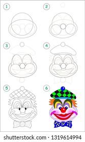 Page shows how to learn step by step to draw cute head of toy smiling clown. Developing children skills for drawing and coloring. Back to school. Printable worksheet. Vector cartoon image.