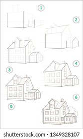 Page shows how to learn step by step to create pencil drawing of house. Developing children skills to draw. Printable worksheet for kids. Vector cartoon image.