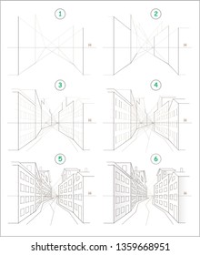 Page shows how to learn step by step to create pencil drawing of meandering town street with houses in perspective. Developing children skills to draw. Back to school. Printable worksheet for kids.