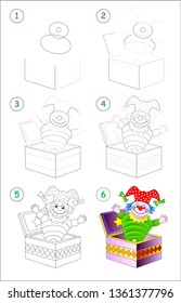 Page shows how to learn step by step to draw cute toy clown from box. Developing children skills for drawing and coloring. Back to school. Printable worksheet. Vector cartoon image.