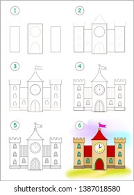 Page shows how to learn step by step to draw cute medieval castle. Developing children skills for drawing and coloring. Back to school. Printable worksheet. Vector cartoon image.