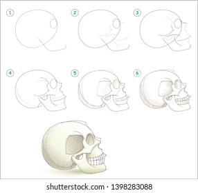Page shows how to learn step by step to draw a human skull by pencil. Developing children skills for drawing. Back to school. Printable worksheet for artists textbook. Hand-drawn vector image.