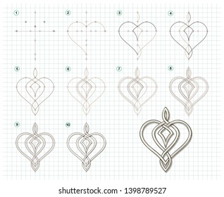 Page shows how to learn step by step to draw a Celtic knot by pencil on square paper. Developing children skills for drawing. Printable worksheet for artists textbook. Hand-drawn vector image.