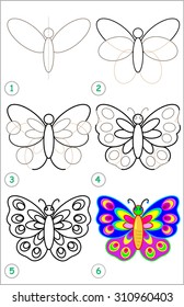 Page Shows How To Learn Step By Step To Draw A Butterfly. Developing Children Skills For Drawing And Coloring. Vector Image.