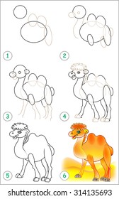 Page shows how to learn step by step to draw a camel. Developing children skills for drawing and coloring. Vector image.