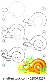 Page shows how to learn step by step to draw a snail. Developing children skills for drawing and coloring. Vector image.