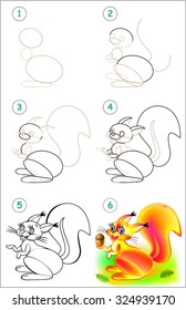 Page shows how to learn step by step to draw a squirrel. Developing children skills for drawing and coloring. Vector image.