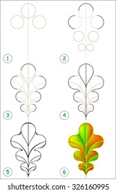 Page shows how to learn step by step to draw an oak leaf. Developing children skills for drawing and coloring. Vector image.