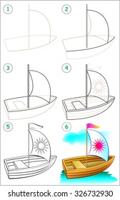 Page shows how to learn step by step to draw a boat. Developing children skills for drawing and coloring. Vector image.