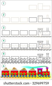 Page shows how to learn step by step to draw a train. Developing children skills for drawing and coloring. Vector image.