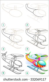 La página muestra cómo aprender paso a paso para dibujar un helicóptero. Desarrollo de las aptitudes de los niños para el dibujo y la coloración. Imagen vectorial.