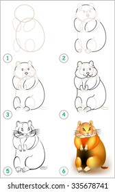 Page shows how to learn step by step to draw a hamster. Developing children skills for drawing and coloring. Vector image.