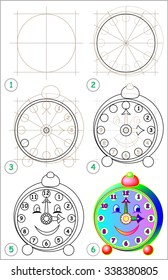 Page shows how to learn step by step to draw clock. Developing children skills for drawing and coloring. Vector image.