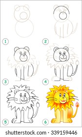 La página muestra cómo aprender paso a paso para dibujar un león. Desarrollo de las aptitudes de los niños para el dibujo y la coloración. Imagen vectorial.