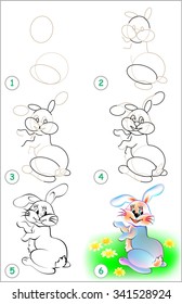 Page shows how to learn step by step to draw a rabbit. Developing children skills for drawing and coloring. Vector image.