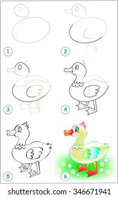 Page shows how to learn step by step to draw a duck. Developing children skills for drawing and coloring. Vector image.