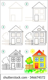 
Page shows how to learn step by step to draw a house. Developing children skills for drawing and coloring. Vector image.