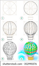 Page shows how to learn step by step to draw an air balloon. Developing children skills for drawing and coloring. Vector image.