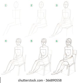 Page shows how to learn step by step to draw a sitting woman. Developing skills for drawing. Vector image.