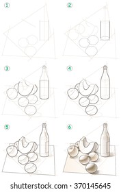 La página muestra cómo aprender paso a paso para dibujar una vida fija. Desarrollo de las aptitudes de los niños para el dibujo y la coloración. Imagen vectorial.