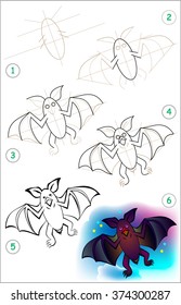 Page shows how to learn step by step to draw a bat. Developing children skills for drawing and coloring. Vector image.