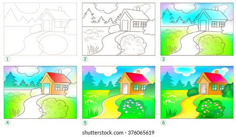Die Seite zeigt, wie man Schritt für Schritt lernt, um eine Landschaft zu malen. Entwicklung von Fähigkeiten zum Zeichnen und Färben.Vektorillustration-Bild.