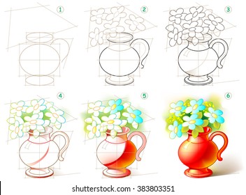Page shows how to learn step by step to paint a beautiful vase with flowers. Vector image.