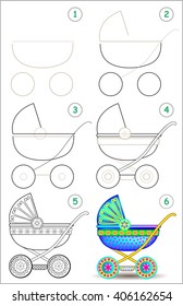 Page shows how to learn step by step to draw a baby carriage. Developing children skills for drawing and coloring. Vector image.