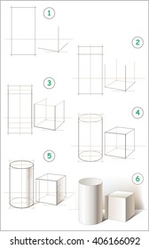 Page shows how to learn step by step to draw a still life with cylinder and cube. Developing children skills for drawing and coloring. Vector image.