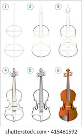 Page shows how to learn step by step to draw a violin. Developing children skills for drawing and coloring. Vector image.