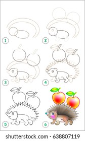 Page shows how to learn step by step to draw a hedgehog. Developing children skills for drawing and coloring. Vector image.