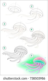 Page shows how to learn step by step to draw a swimming medusa. Developing children skills for drawing and coloring. Vector image.