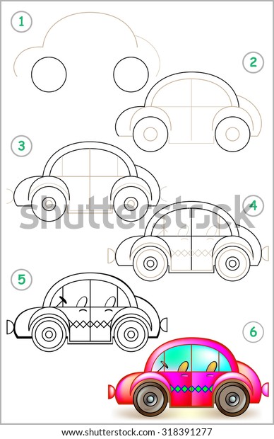 Page shows\
how to learn step by step to draw car. Developing children skills\
for drawing and coloring. Vector\
image.