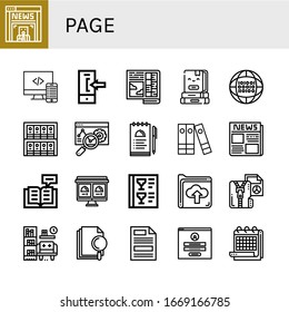 page simple icons set. Contains such icons as News, Code, Login, Newspaper, Books, Binary code, Binders, Web, Notes, Files, Reading, Online order, can be used for web, mobile and logo