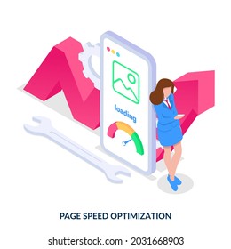 Page speed optimization. Concept. Accelerated Mobile Pages. Site loading boosting. Isometric vector illustration on white background.
