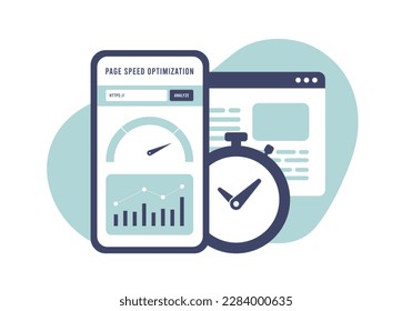 Concepto de optimización de velocidad de página. Aumente el rendimiento del sitio web con velocidad de carga rápida de la página. Smartphone con temporizador, indicador acelerómetro, gráfico e ilustración gráfica para imágenes de SEO y marketing digital