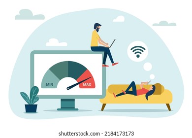 Page speed and SEO. Flat vector concept illustration. Website loading optimization, speed loading time. Page optimization. Speed test metering dial. Slow loading of media content. Signal quality.