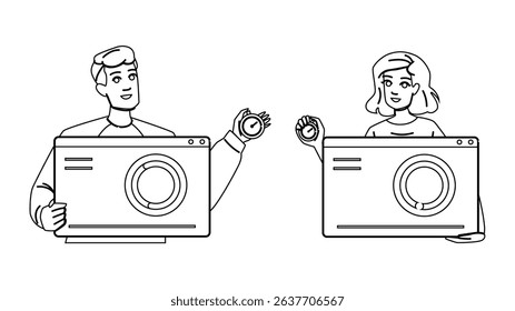 page speed vector. load performance, core check, web optimize page speed character. people black line pencil drawing illustration