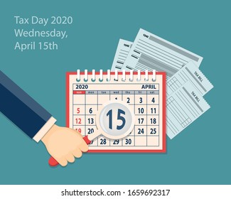 Page of spiral calendar April 2020, man hand searching 15th with magnifier and tax forms. Business concept flat vector illustration for US tax day with business icons on blue background. eps 10