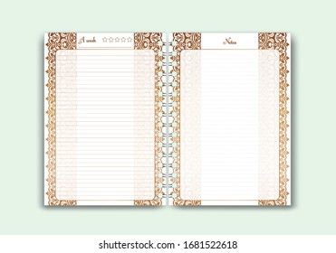 A page spread design for a Notepad or diary for use by a woman or girl. With a floral pattern, contour drawing, and doodles. Glider for business and personal life. Daily planner, designer