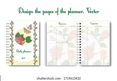 A page spread design for a Notepad or diary for use by a woman or girl. With a floral pattern, contour drawing, and doodles. Glider for business and personal life. Daily planner, designer