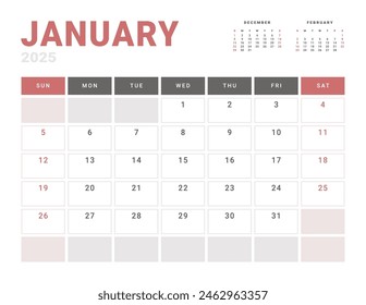 Page Sunday Calendar Planner Template of January 2025 year. Vector mockup calendar with the week starting on Monday for printing. Page for size Letter -8.5x11 in.