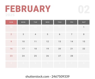 Page Sunday Calendar Planner Template of February 2025 year. Vector mockup calendar with the week starting on Monday for printing. Page for size Letter -8.5x11 in.