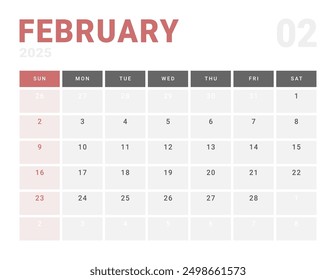 Page Sunday Calendar Planner Template of February 2025 year. Vector mockup calendar with the week starting on Monday for printing. Page for size Letter -8.5x11 in.