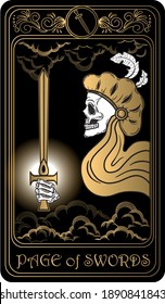 Page of Swords. Card of Minor arcana black and gold tarot cards. Tarot deck. Vector hand drawn illustration with skull, occult, mystical and esoteric symbols.