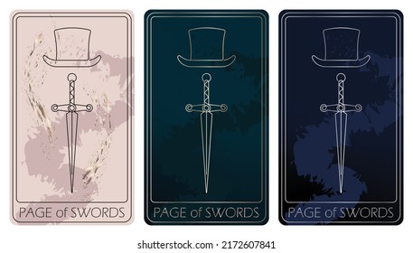 Page of Swords. A card of Minor arcana one line drawing tarot cards. Tarot deck. Vector linear hand drawn illustration with occult, mystical and esoteric symbols. 3 colors. Proposional to 2,75x4,75 in