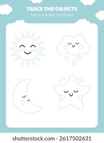 A page with a task to trace the sun, moon, cloud, and star for children in kindergarten