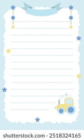 page template for baby diary with cute tractor and stars